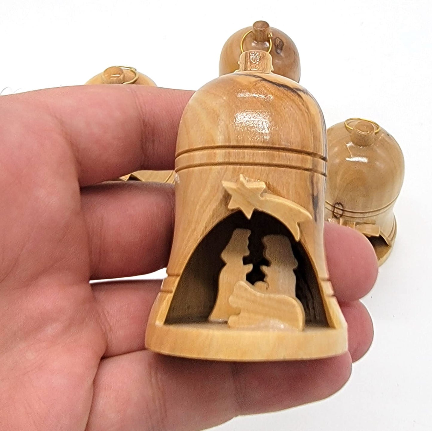 Zuluf Bulk Olive Wood Bell Christmas Ornaments from Bethlehem - Religious Nativity, Catholic Chrismons for Christmas Tree, Holy Land Israel Souvenirs, Christian Decorations Set of 4