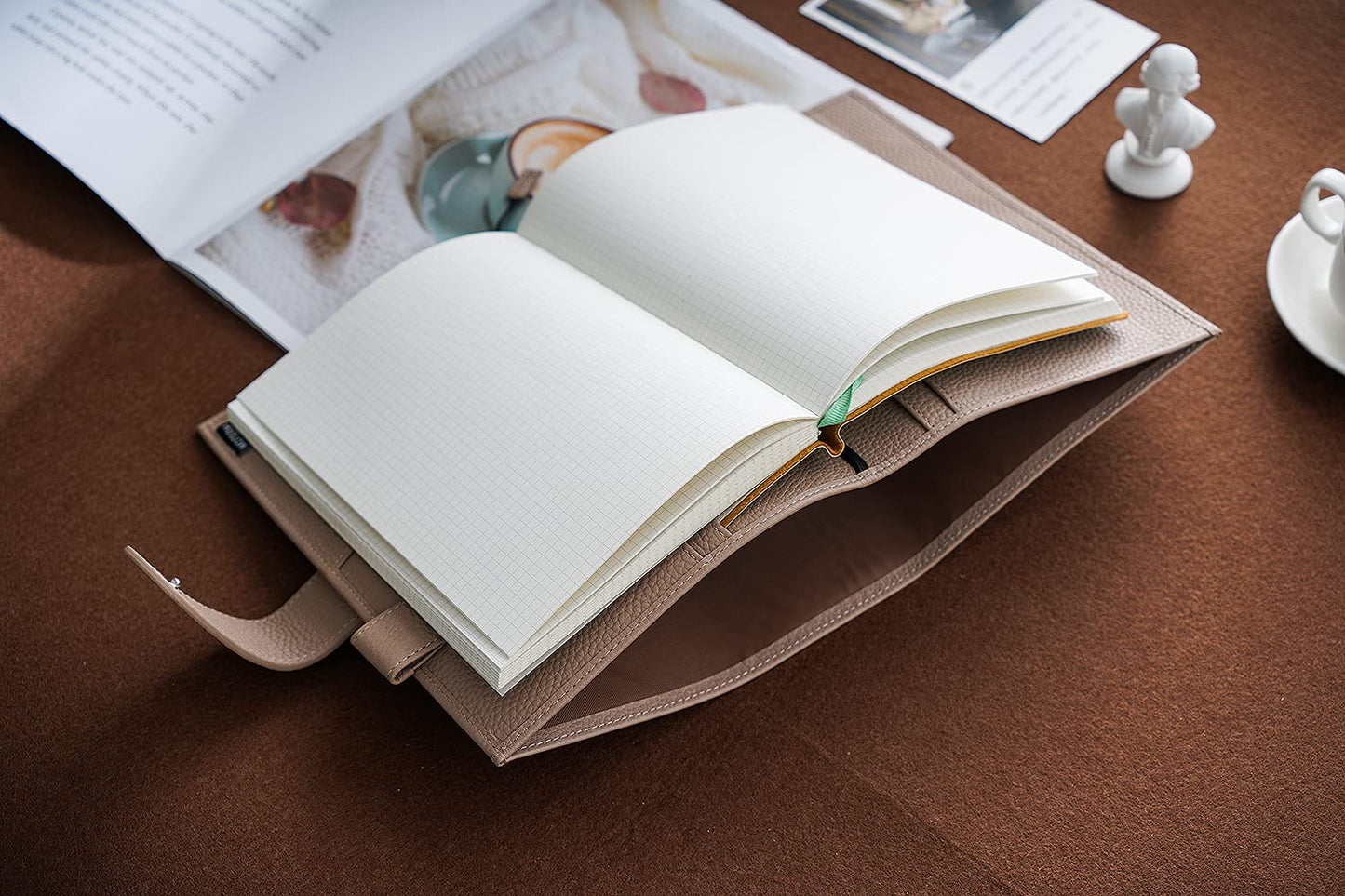 Moterm Leather Cover for A5 Notebooks - Fits Hobonichi Cousin, Stalogy and Midori MD Planners, with Pen Loop, Card Slots and Back Pocket (Pebbled-Taupe)