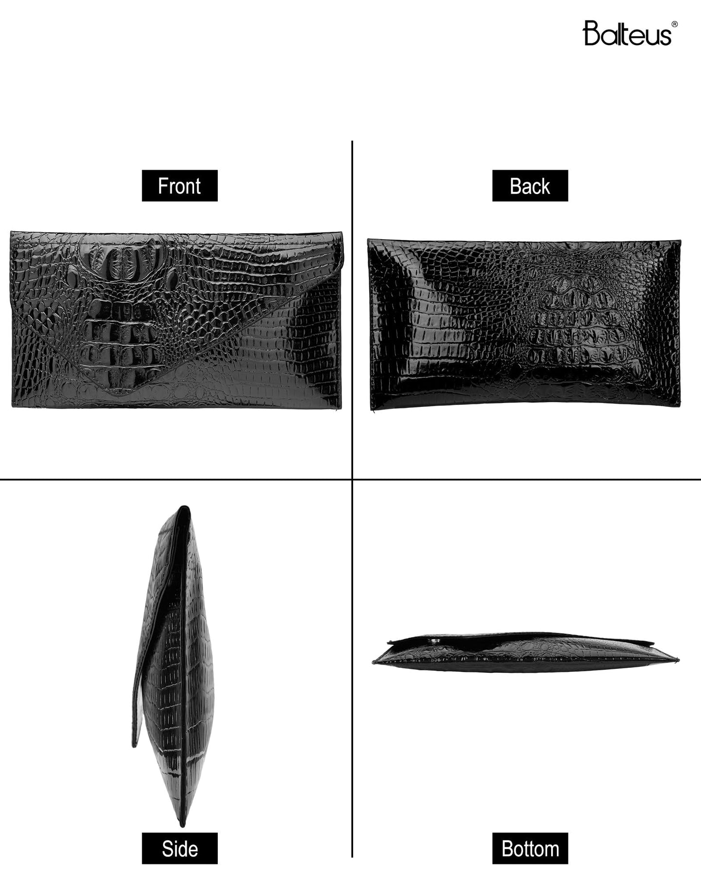 Balteus Black Clutch Evening Bags for Women, Croc-Embossed Metallic Handbags, Trendy Envelope Purse for Prom, Formal Party & Wedding Guest