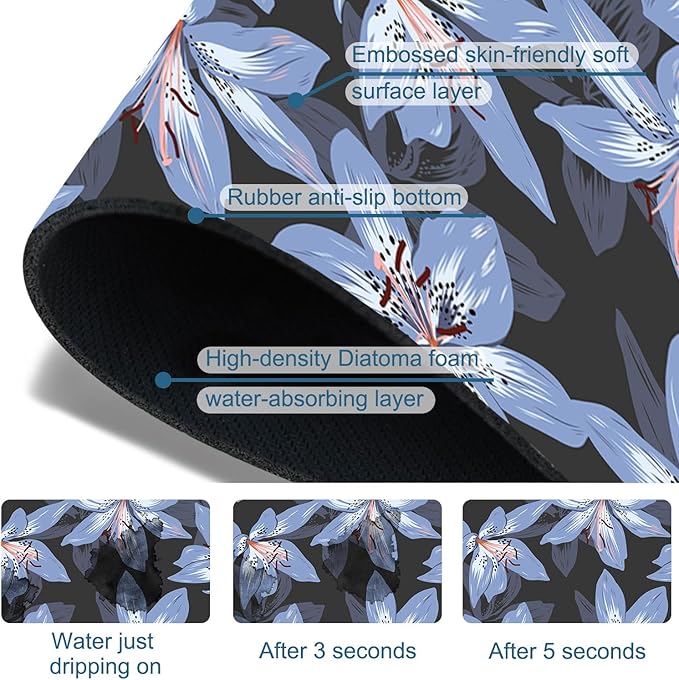 Blooming Lily Sink Splash Guard Faucet Mat Blue Lily Flowers Super Absorbent