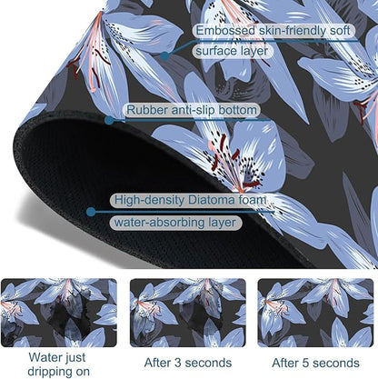 Blooming Lily Sink Splash Guard Faucet Mat Blue Lily Flowers Super Absorbent