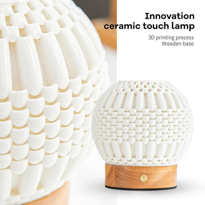 Touch Bedside Table Lamp - 3D Printed Modern Ceramic Lamp for Bedroom, Living Room, Nightstand, Desk, with Wooden Base, 3-Color Dimmable Modes, USB-C Powered (PSL25059)