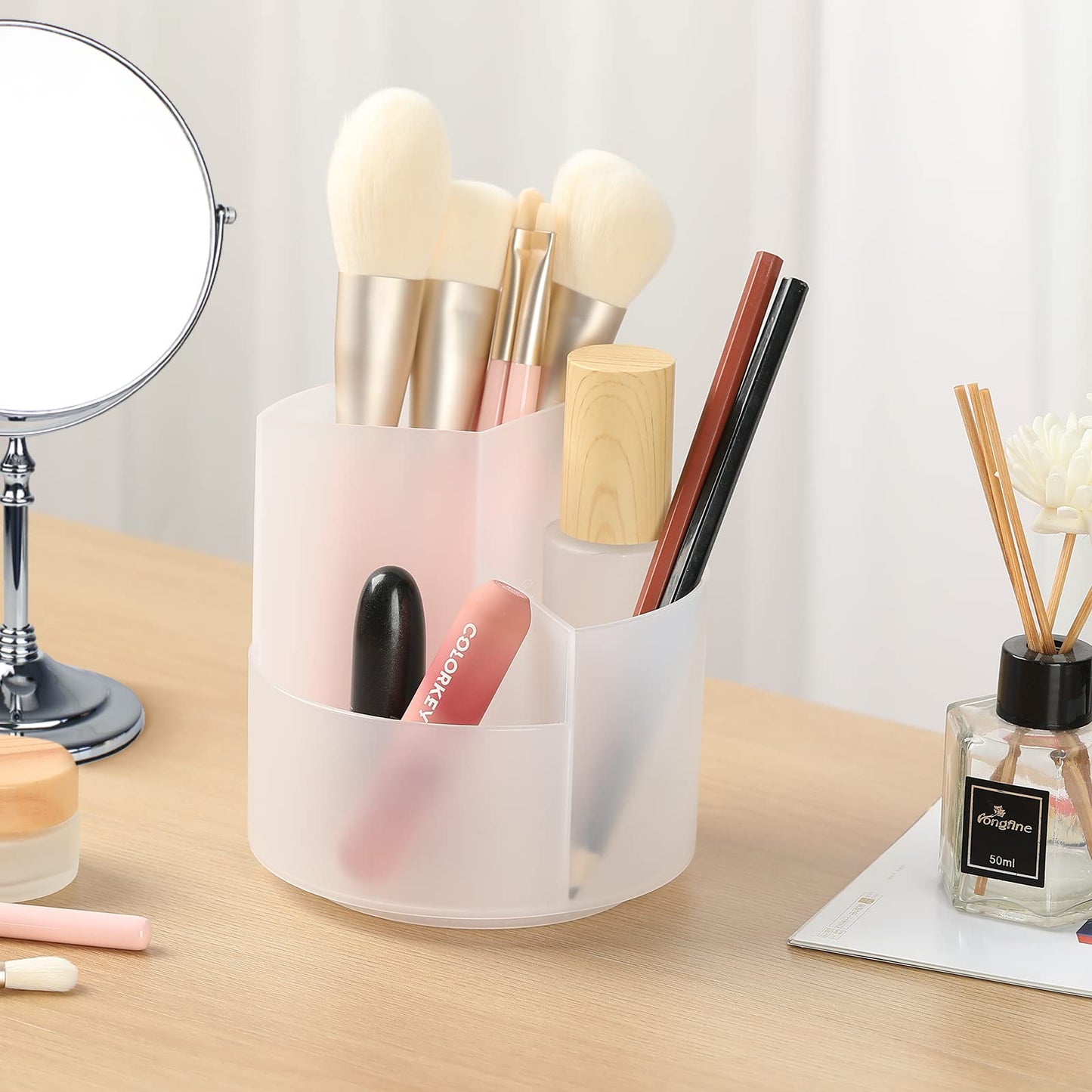 EDENMS Desk Pencil Pen Holder, 3 Slots 360-Degree Spinning Organizers, Desktop Storage Stationery Supplies, Cute Cup Pot for Office, School, Art Supply, Kids - Clear