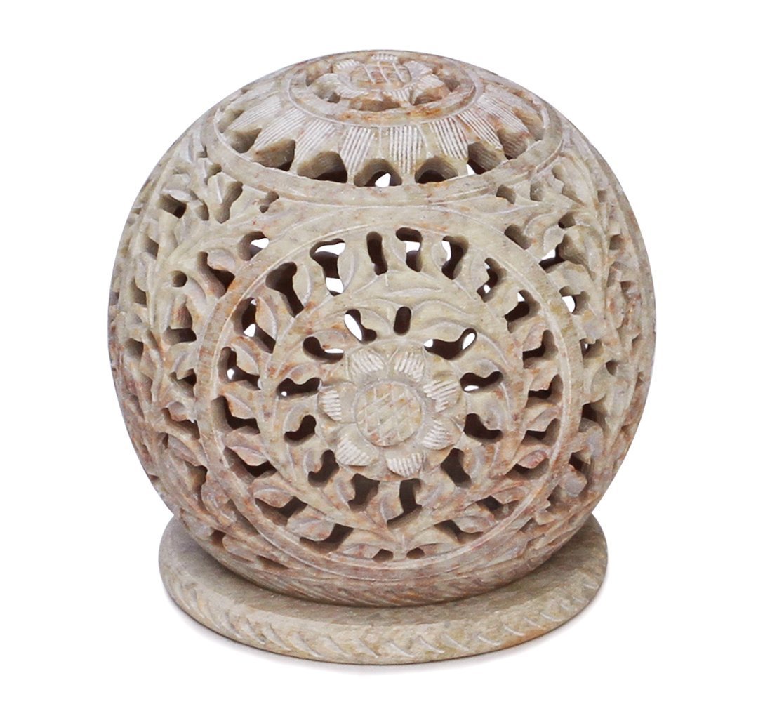 BKRAFT4U Unique Hand Carved Tealight Holder Sphere Shaped Made from Soapstone with Intricate Tendril Openwork Floral Decorative Lantern.