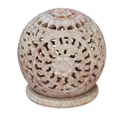 BKRAFT4U Unique Hand Carved Tealight Holder Sphere Shaped Made from Soapstone with Intricate Tendril Openwork Floral Decorative Lantern.