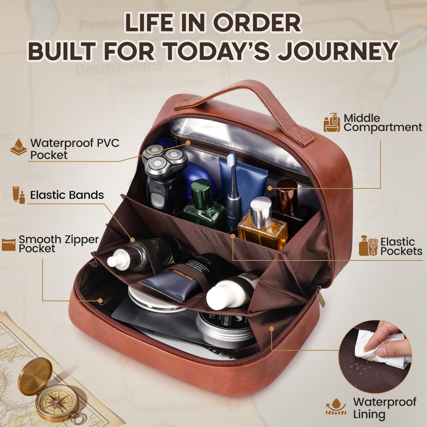 MaqSacion Mens Toiletry Travel Bag,PU Leather Toiletry Bag for Men,Water-Resistant Travel Bag for Toiletries,Brown Shaving Bag for Men, Mens Birthday Gift Ideas for Fathers Day Men Him Husband Dad