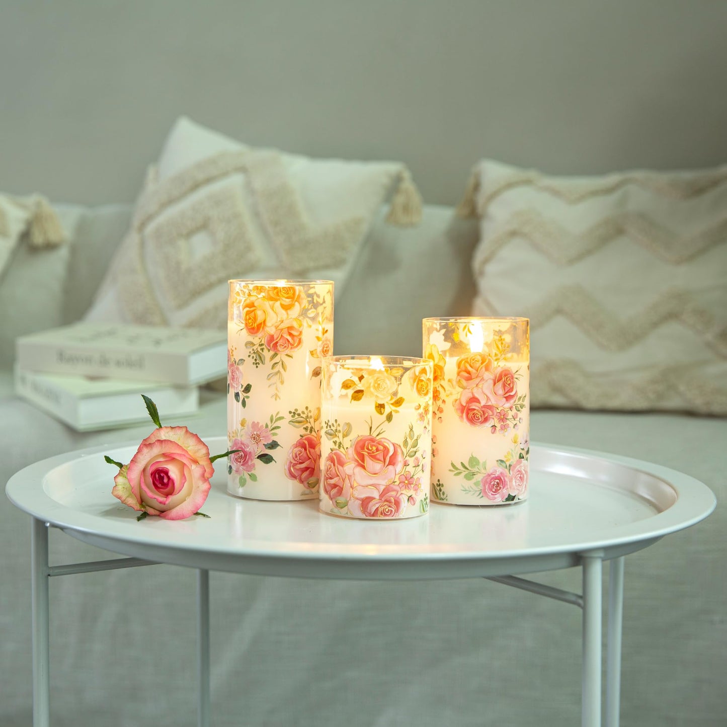 LUSHARBOR Flameless Candles with Remote, Battery Operated Glass Candles Pink Rose Flickering LED Candles Real Wax Floral Christmas Decor Electric Pillar Candles Set of 3