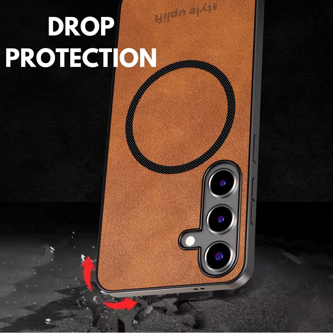 Style Uplift SU - Samsung S24 Magnetic Vegan Leather Case - SU.Shield Slim & Protective Design, Compatible with MagSafe, Wireless Charging - Tan Brown Case, Phone Case for Samsung S24 (6.2")