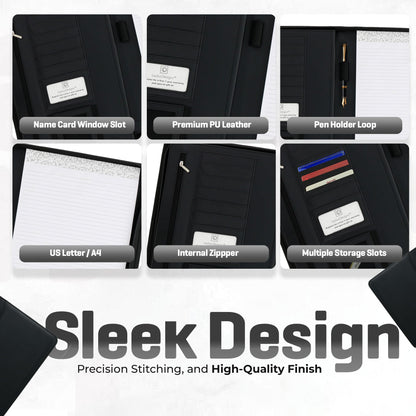 Lautus Designs Black Zippered Leather Portfolio - High Capacity 2-Inch Spine - Fits Surface Go & iPad Pro/Air 11 Inch - Professional Resume Padfolio