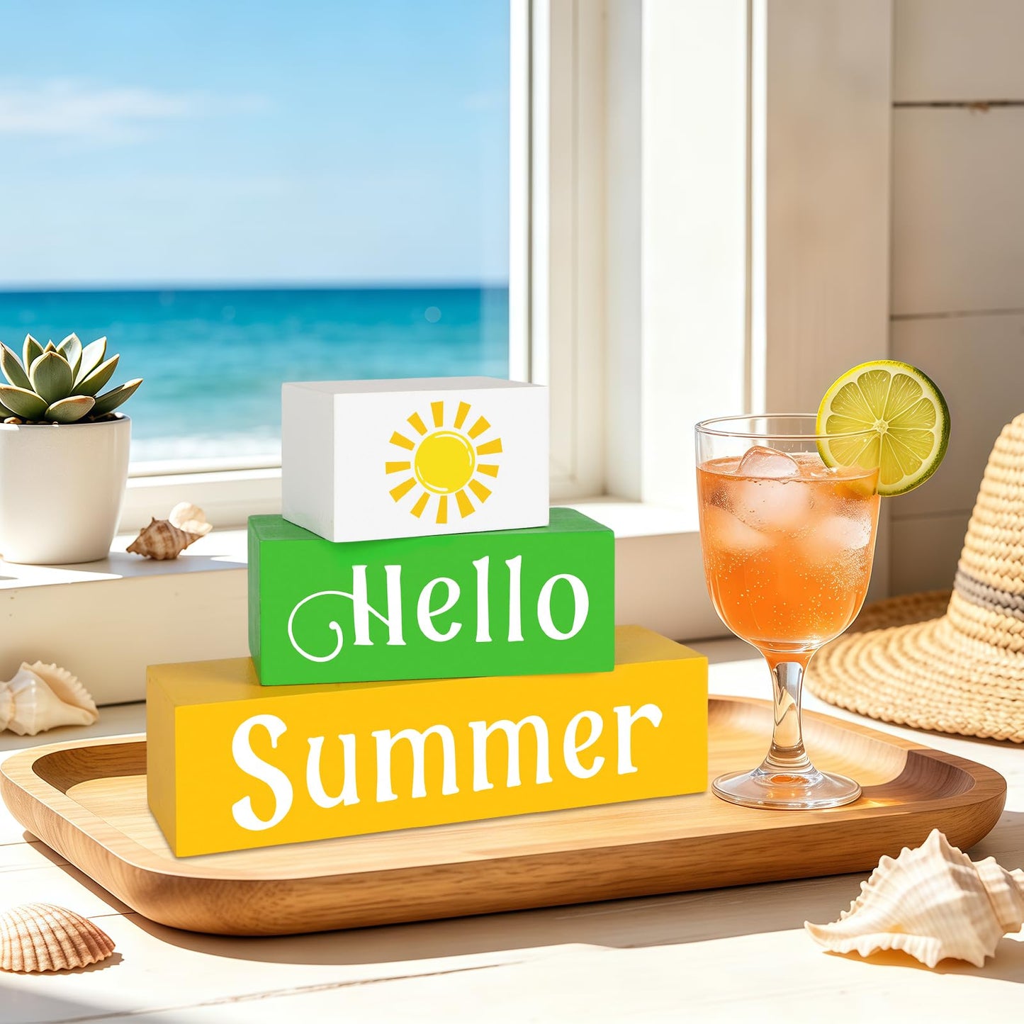 COCHIE Wooden Hello Summer Decorations Table Sign, Sunshine Beach Table Top Centerpiece Blocks Decorations for Home, Office, Mantel, Tabletop, Party, Shelf Set of 3 (Summer)