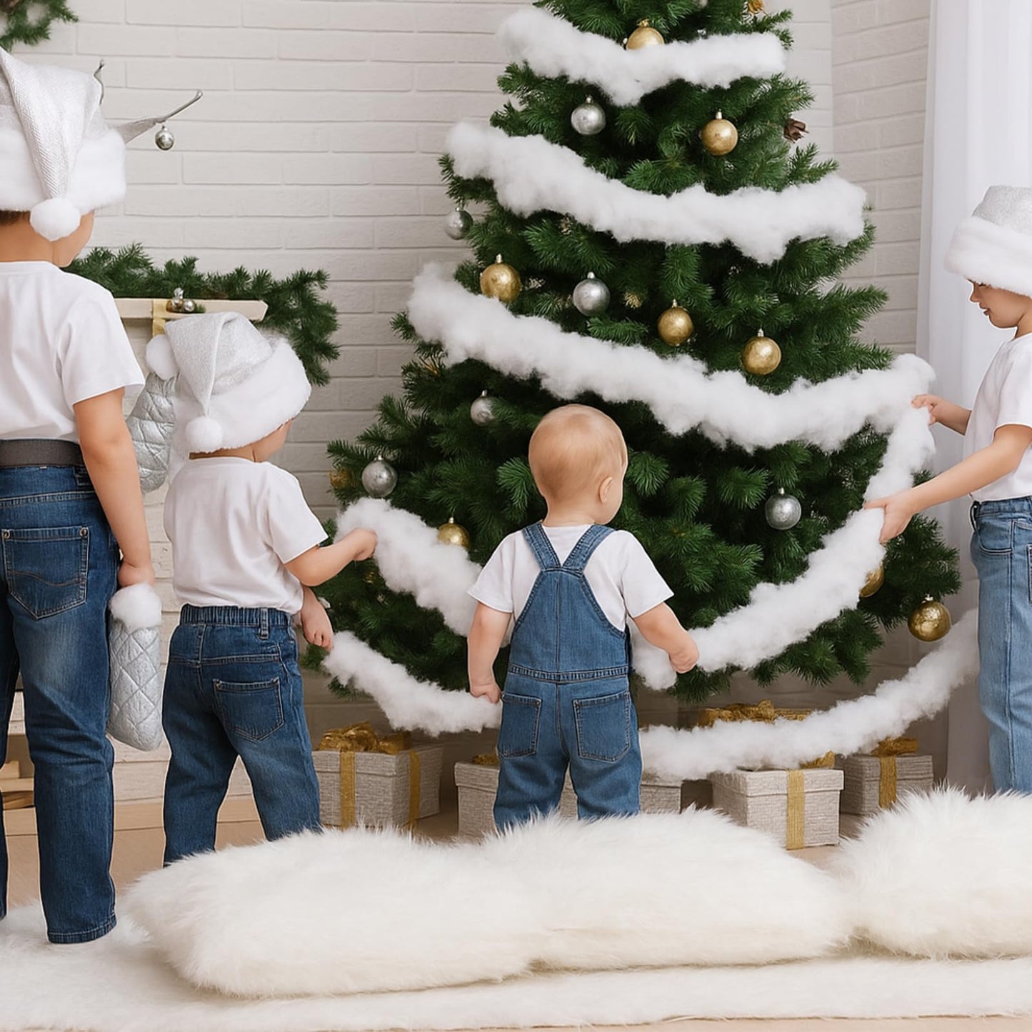Tigeen 4 Pcs 100 ft Christmas Fake Snow Garland White Christmas Tree Decoration Cotton Artificial Snow Fluff Garland Winter Decor for Xmas Decoration Winter Village Party Indoor Home Decor