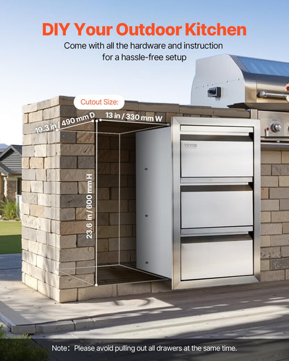 VEVOR Outdoor Kitchen Drawers 14.7" W x 25.4" H x 18.7" D, Box Frame Style Flush Mount BBQ Drawers with Stainless Steel Handle, BBQ Island Drawers for Outdoor Kitchens or Patio Grill Station