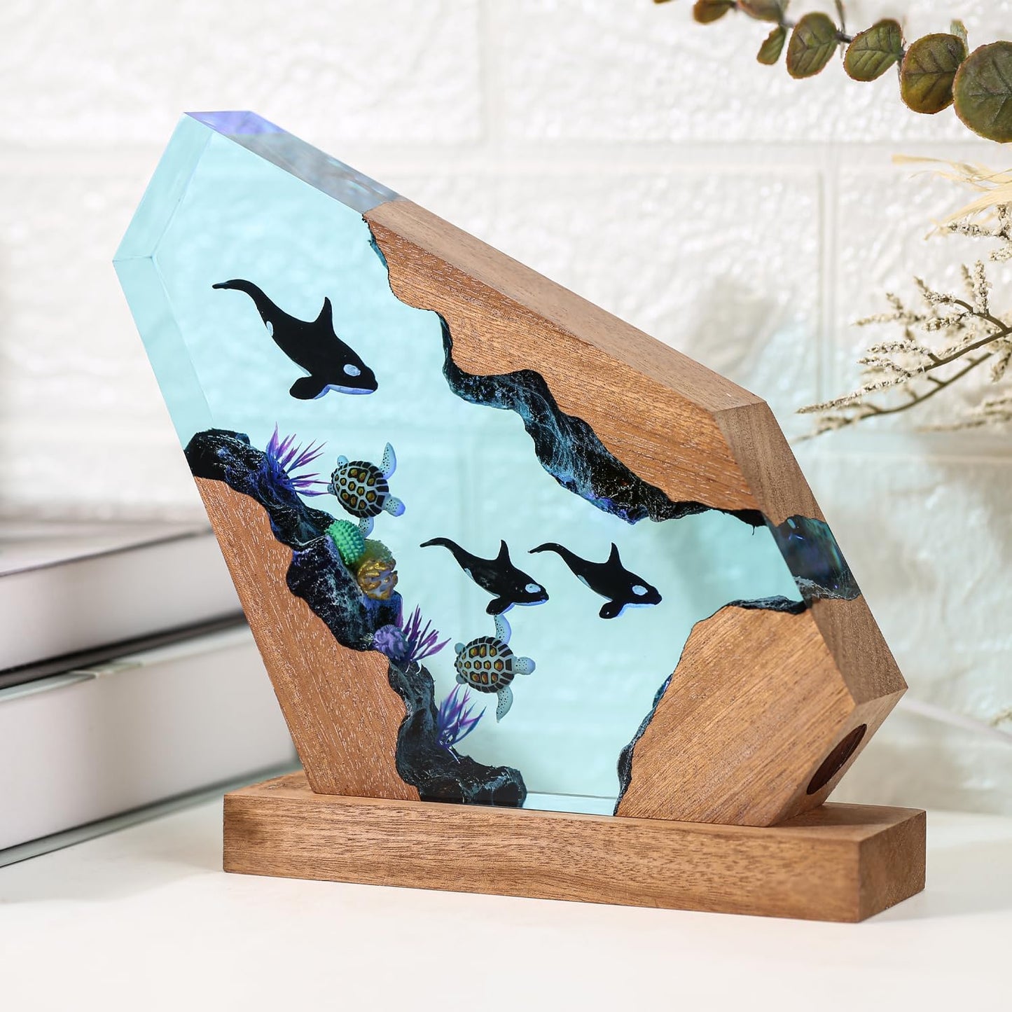 Orca Ocean Resin Lamp - Handmade Resin Night Light with USB Port, Variable Lights, Marine Biology Gifts for Women and Men, Ocean Enthusiast Collectibles, Unique Birthday Gifts for Him & Her (10"x6")