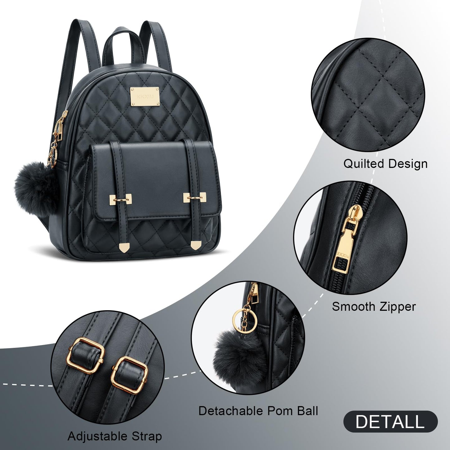 KKXIU Girls Small Backpack Purse Vegan Leather Quilted Mini Daypack for Women Trendy Bookbag (Black)