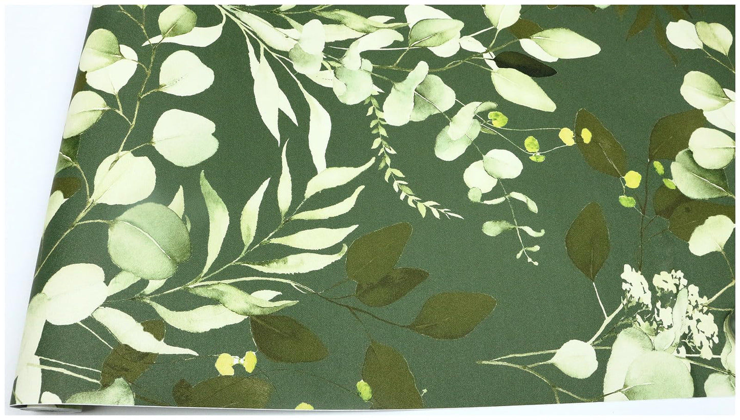 HAOKHOME Peel and Stick Wallpaper Boho Sage Green Eucalyptus Leaf Floral Wall Mural Home Nursery Decor Renter Friendly Wallpaper 17.3in x 9.8ft