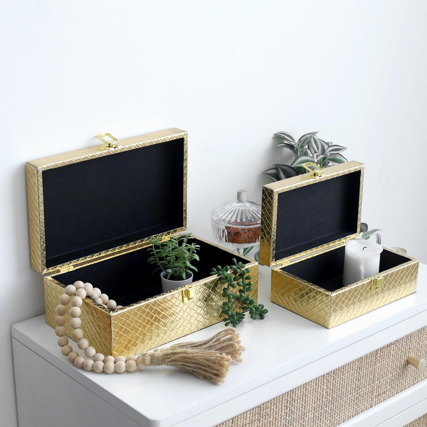 DECOR4SEASON Faux Leather Decorative Jewelry Storage Organizer Boxes Set of 2, Gold