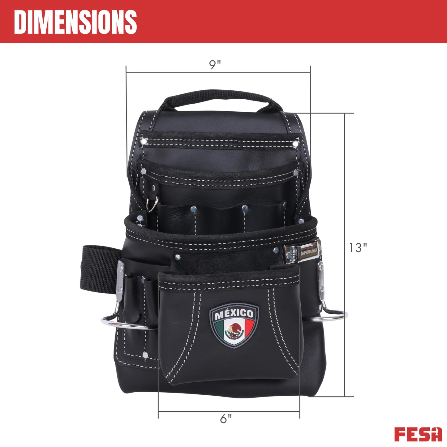FESA Leather Carpenter Tool Pouch - 10-Pocket Heavy Top Grain Leather Carpenter Pouch with 2 Hammer Loops, Large & Small Pockets - Fits Work Belts up to 3" - Handcrafted (Black, Mexico)