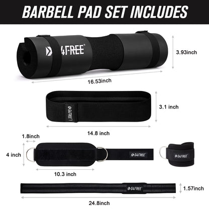G4Free 9Pcs Barbell Pad Set for Squat, Hip Thrusts, Lunges, Leg day, Standard Olympic Bars with 2 Gym Ankle Safety Straps, 3 Hip Resistance Bands, 2 Lifting Strap, Barbell Pad, and Carry Bag (Black)