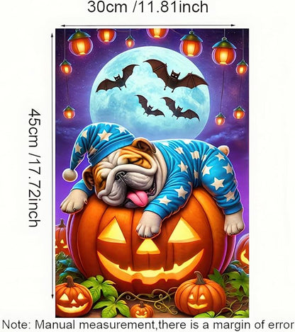 Halloween Garden Flag, 12x18 Inch Double-Sided Polyester, Pug Sleeping on Pumpkin Flag, Outdoor Patio Decoration, Festive Yard Banner, Easy to Hang (Only Garden Flag)