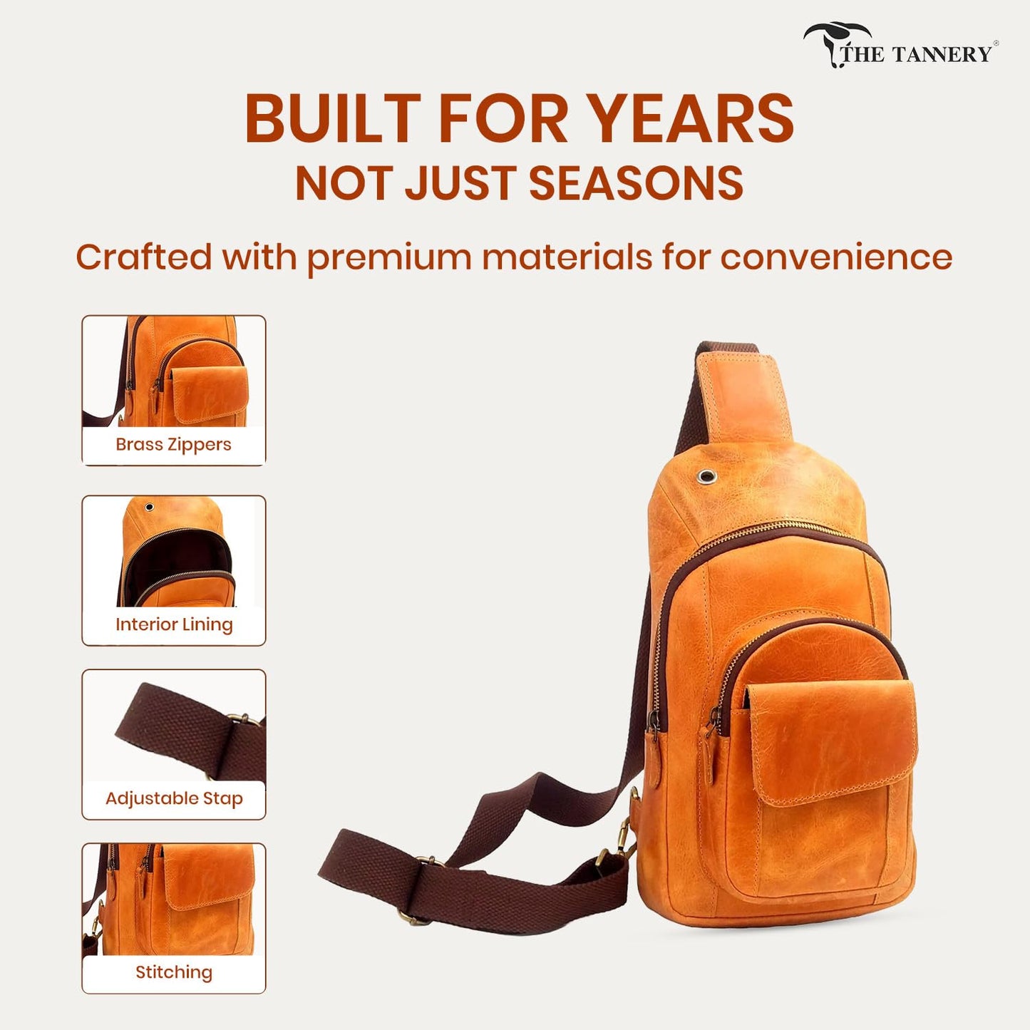 The Tannery Handmade Buffalo Leather Multipurpose Travel Hiking Crossbody Chest Backpack with Adjustable Shoulder Strap, Thanks Giving (Camel Brown, Small)