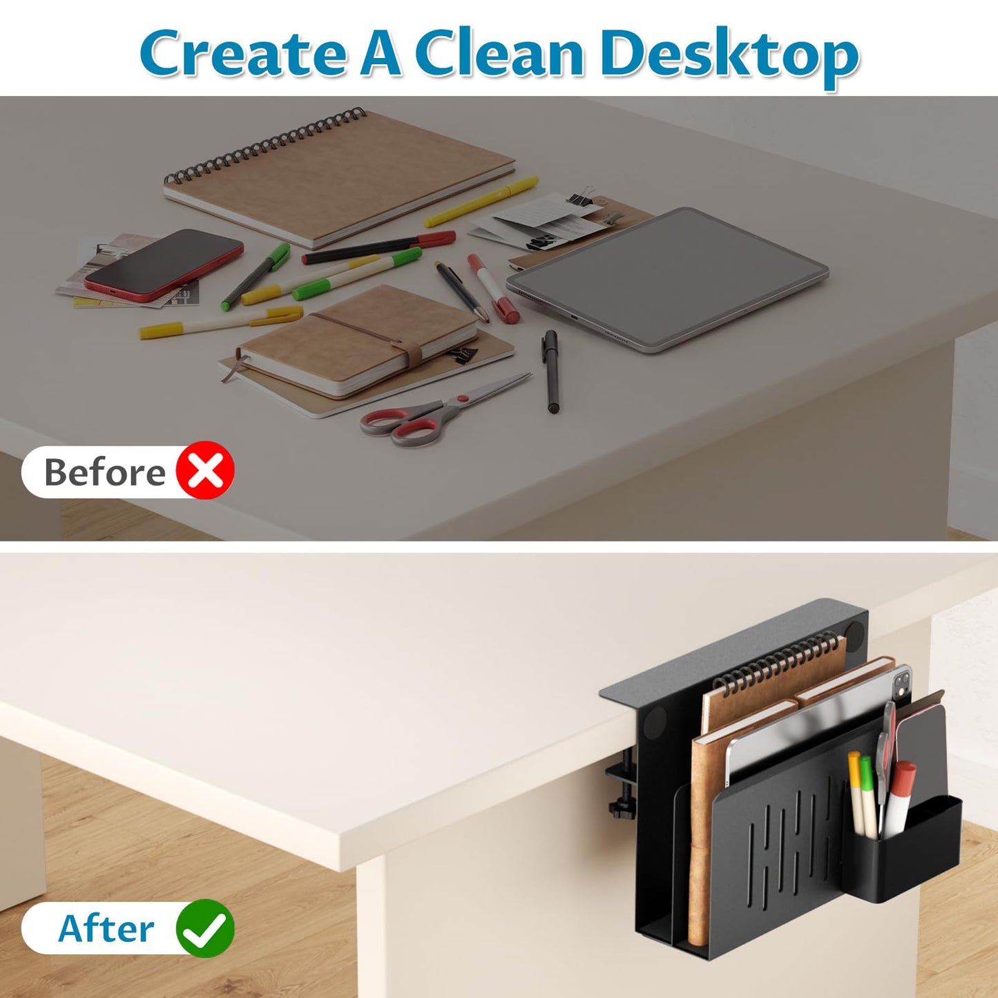 Onemake Desk Side Storage, 2-Tier No Drill Laptop Holder, Clamp on Desks Shelf with Magnetic Pen Holder, Hanging Desk Organizer for Home Office, Fits Flat Edge Tables 0.4" to 2.3"
