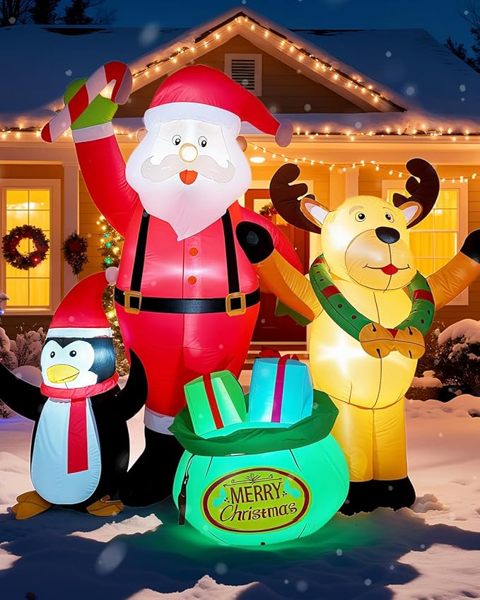 7FT Christmas Inflatables Outdoor Decorations, Blow Up Yard Decorations with Santa Claus Penguins Reindeer and Gift Bag Inflatable with LED Lights for Indoor Outdoor Yard Garden Decor