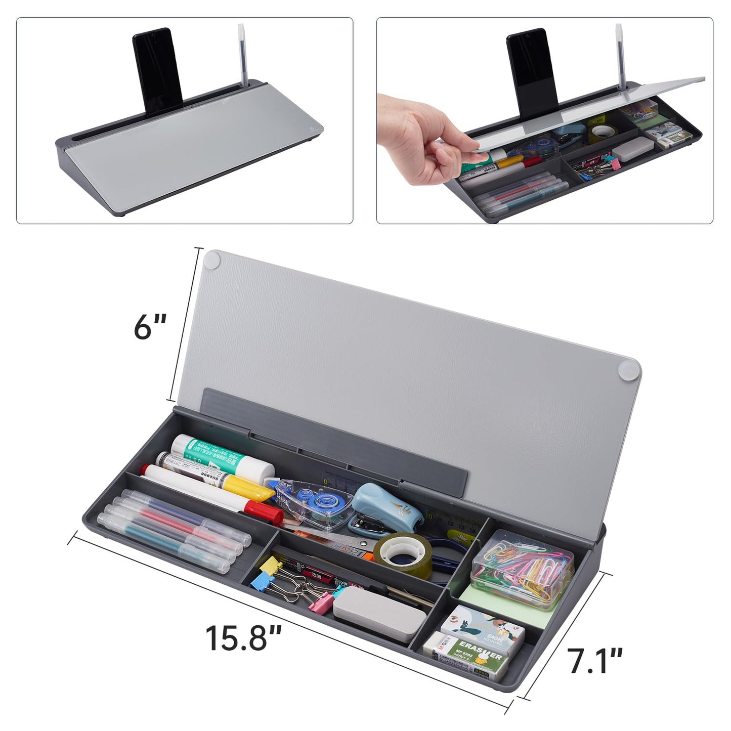 TSJ OFFICE Desktop Whiteboard Dry-Erase-Board - Computer Keyboard Stand White Board Surface Pad with Drawer, Desk Organizers with Accessories for Office, Home, School Supplies - Complete Grey
