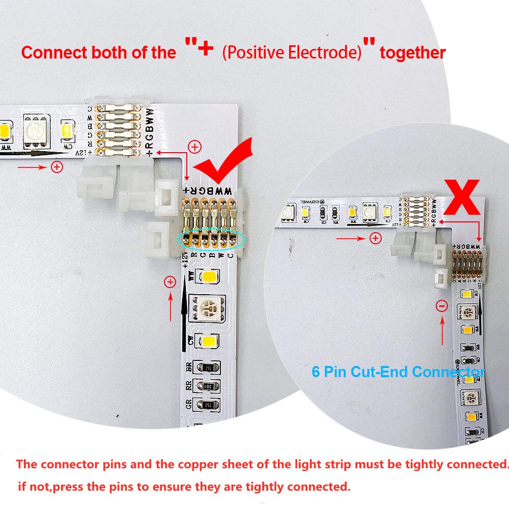 GIDERWEL RGBWW 6 Pins LED Strip Connectors L Shape,6 Pack LED Strip Light 12mm Right Angle Corner Solderless Connector LED Connection for Lightstrip Plus V3/RGBCCT LED Strips