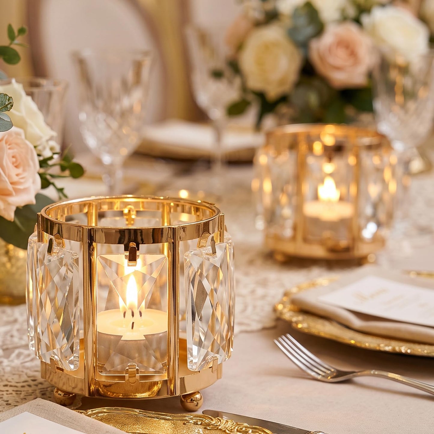 Kolnlala 6pcs Tabletop Tealight Crystal Candle holders3.5''x3.5'' Class Votive Holder Home Decoration,Table centerpieces/Wedding Decor,Gorgeous Gift,Tabletop/Centerpiece Votive Holder (French Gold)
