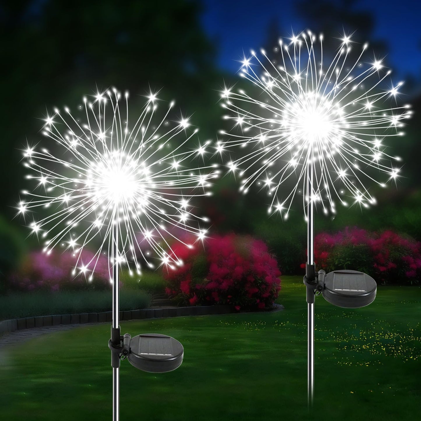 Soomit Solar Garden Lights Outdoor, 2 Pack 120 LED Twinkling Firework Lights Decorative with 2 Modes, Outdoor Waterproof Solar Starburst Light for Yard Pathway Planter Patio Decor, White