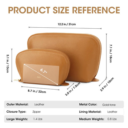 Kattee Leather Makeup Bag, Travel Cosmetic Bag Set, Toiletry Bag Organizer for Women, 1-PACK, Medium, Brown