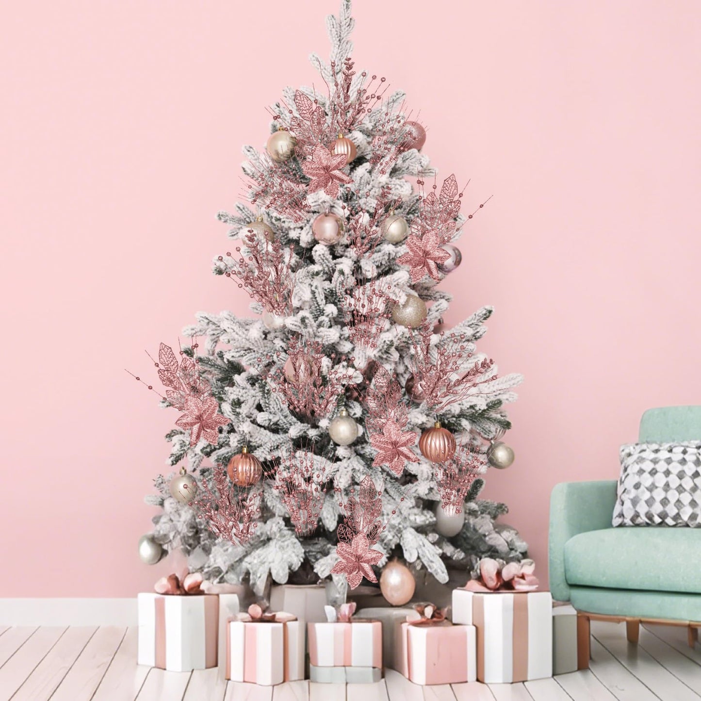 Syhood 30 Pack Holiday Vase Picks and Sprays Glitter Artificial Poinsettia Flower Berry Stems Ornaments Tree Picks Branches Curly Wispy Twigs Sticks for DIY Craft Wreath Decor(Rose Gold)