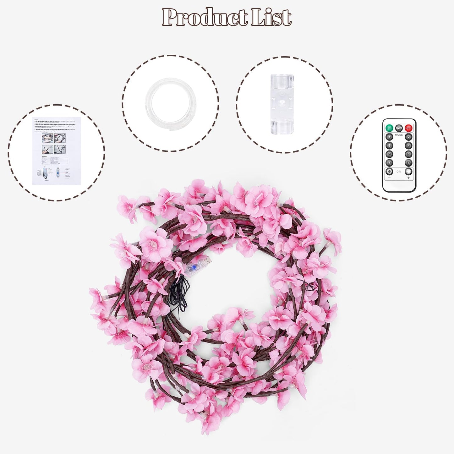 Cherry Blossom Tree Branch Lights for Wall,Cherry Enchanted Willow Vine Lights,with 144 LED and 8 Lighting Modes,Remote Timer,for Bedroom Wall Doors Windows Wedding Christmas Holiday (90inch)