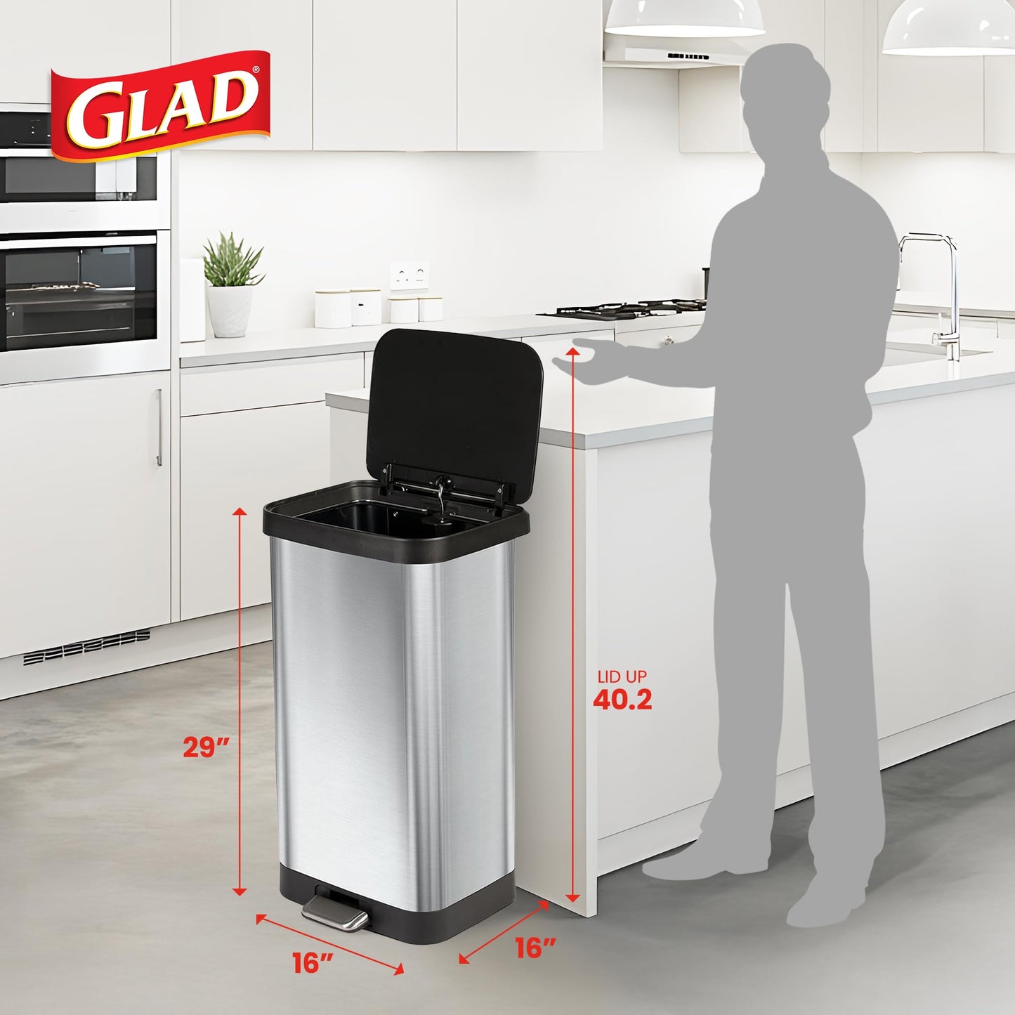 Glad Stainless Steel Step Trash Can with Clorox Odor Protection | Large Metal Kitchen Garbage Bin with Soft Close Lid, Foot Pedal and Waste Bag Roll Holder, 20 Gallon, Stainless