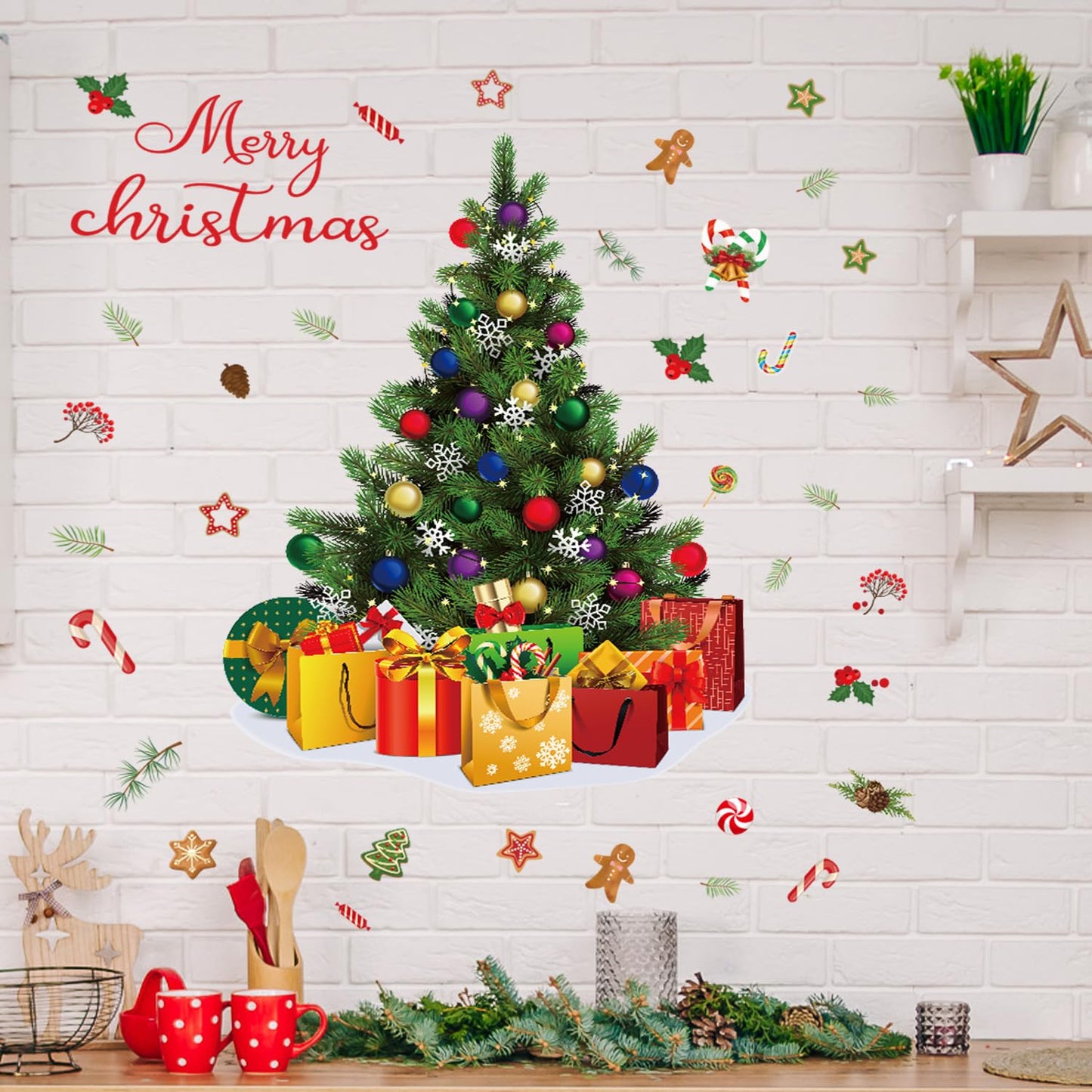 Amtoodopin Large Christmas Tree Wall Decals Xmas Pine Tree Wall Stickers Merry Christmas Quote Window Clings Peel and Stick Removable Vinyl DIY Wall Art for Nusery Playroom Bedroom