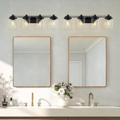 Bathroom Vanity Light Fixture, 4-Light Modern Black Vanity Light Fixtures with Clear Glass Shade, Matte Black Bathroom Light Fixtures Over Mirror, Rustic Restroom Lighting Fixtures