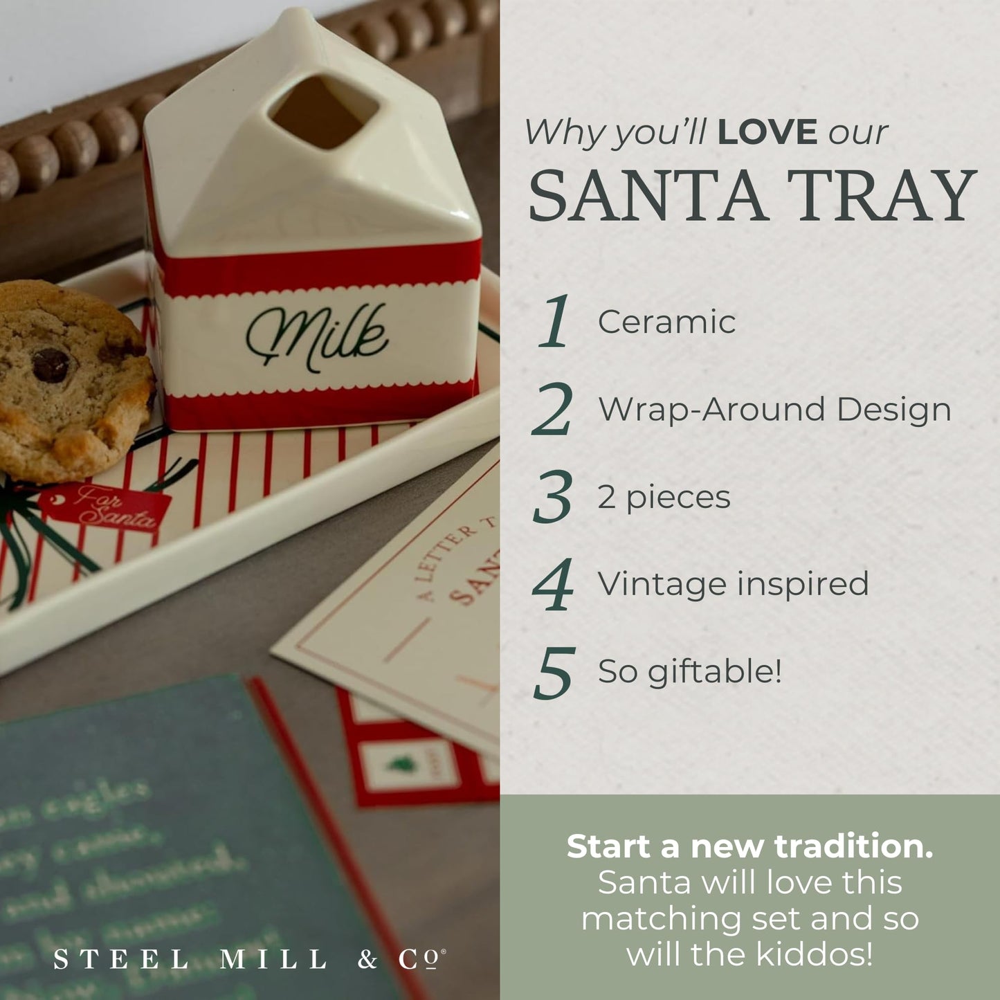 Steel Mill & Co Ceramic Milk & Cookies for Santa Set, 2-Piece Christmas Eve Tray & Milk Jug Gift Box Design, Holiday Tableware Set for Festive Christmas Décor (Bow)
