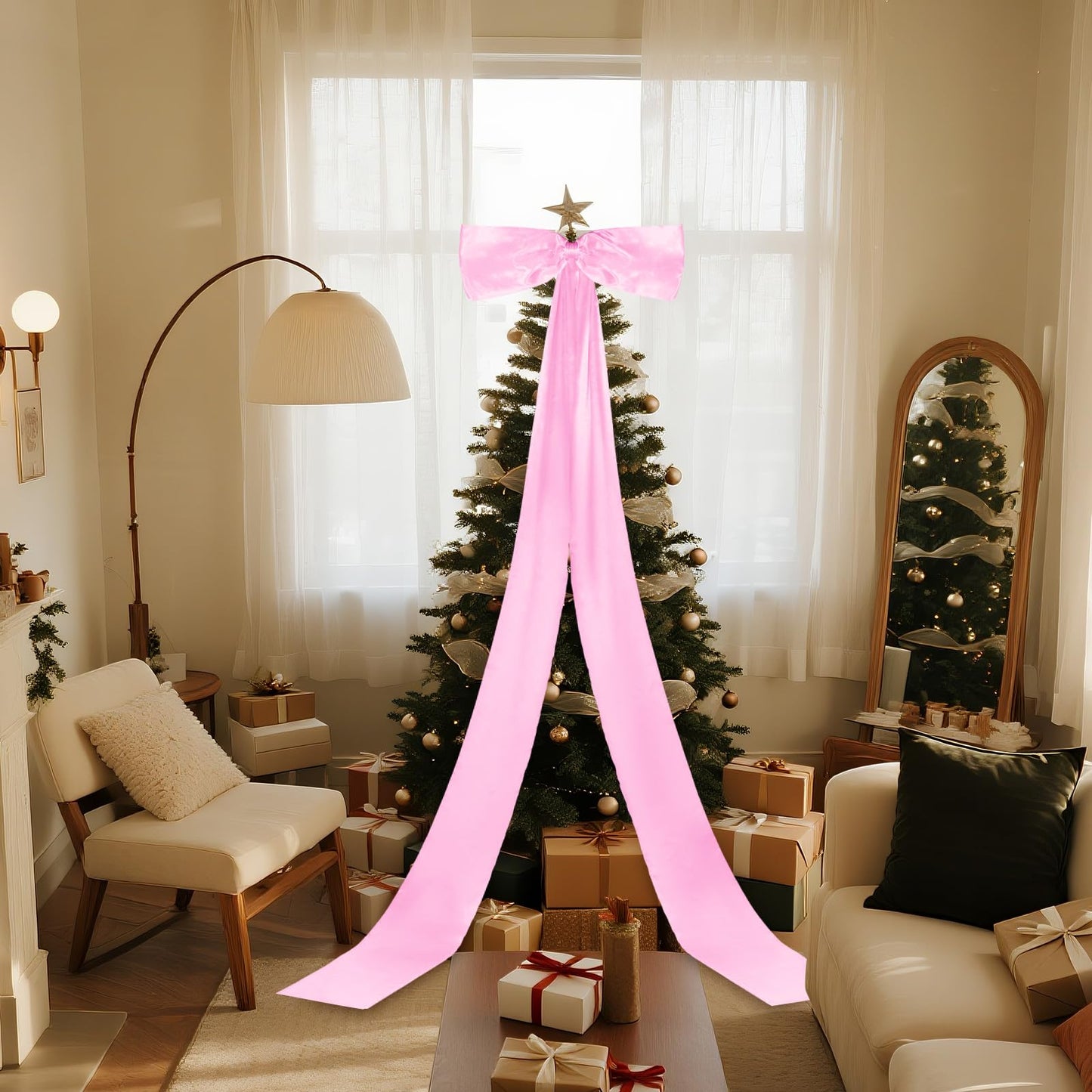 Giant Christmas Tree Bow Topper Big Bow for Christmas Tree Decorations 18X118In Tree Toppers Bows Big Pink Bows for Wedding Birthday Party Wall Backdrop(Pink)