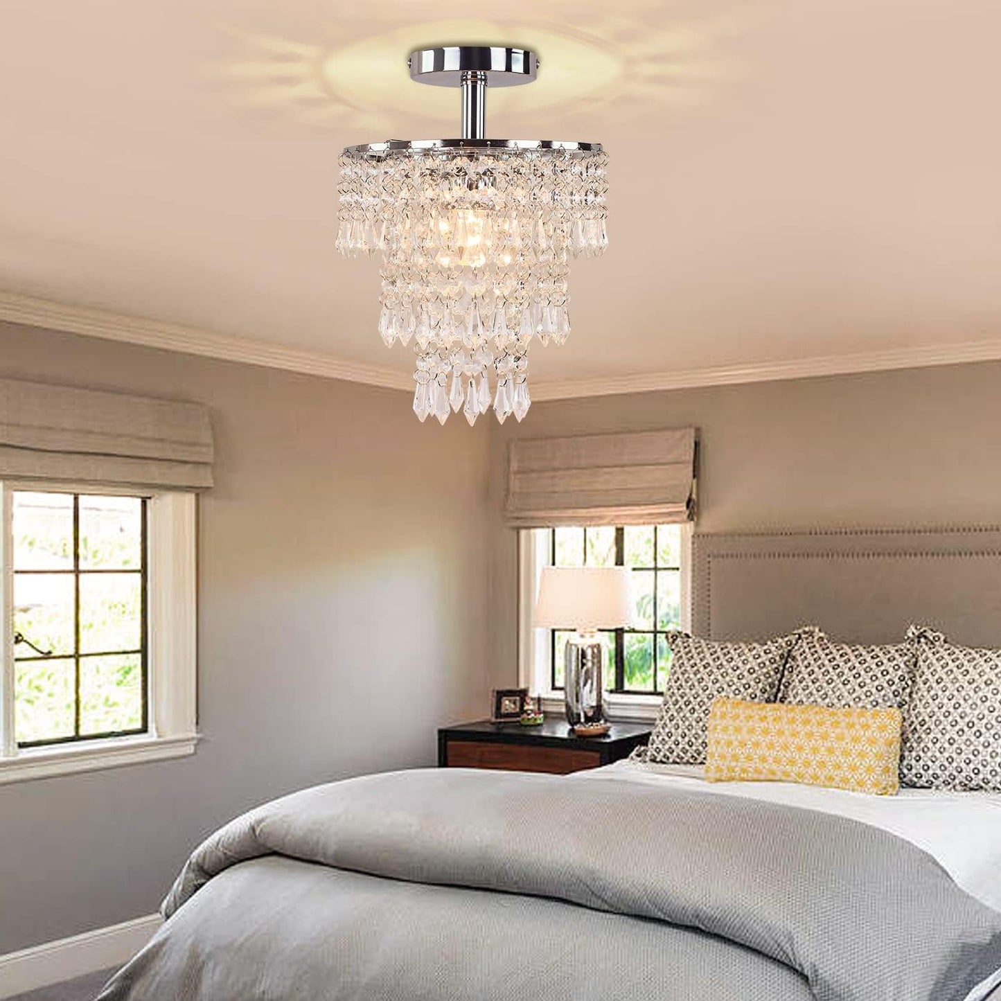 FRIXCHUR Small Crystal Chandelier Led Crystal Ceiling Lights 3 Tiers Crystal Raindrops Chandelier Pendant Lighting Fixture Decoration for Bedroom Hallway Living Room,Chrome, E26