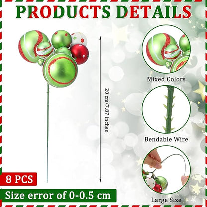 8 Pcs Lime Green Christmas Tree Picks 7.87 Inch Christmas Balls Ornaments Xmas Hanging Peppermint Decorations for Xmas Tree Topper DIY Wreath Holiday Floral Vase Fillers Crafts Home Decor