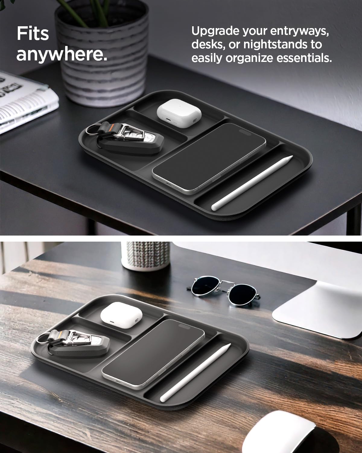 Spigen Modern Valet Tray Premium PU Storage Stylish Organizer Designed for Entryway Bedside Nightstand Desk for Key, Wallet, Watch, Phone, Jewelry, and Everyday Carry Accessories - Black (Sectional)