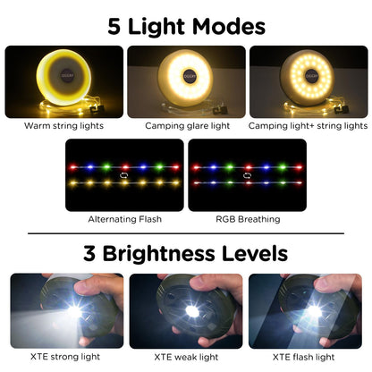 OGERY Camping String Lights, 4 in 1 Quick Storage 32.8FT Rechargeable Tent Lights String with 8 Lighting Modes, Hanging Waterproof Portable LED Lamp for Outdoor Patio Awning Garden Party Essentials