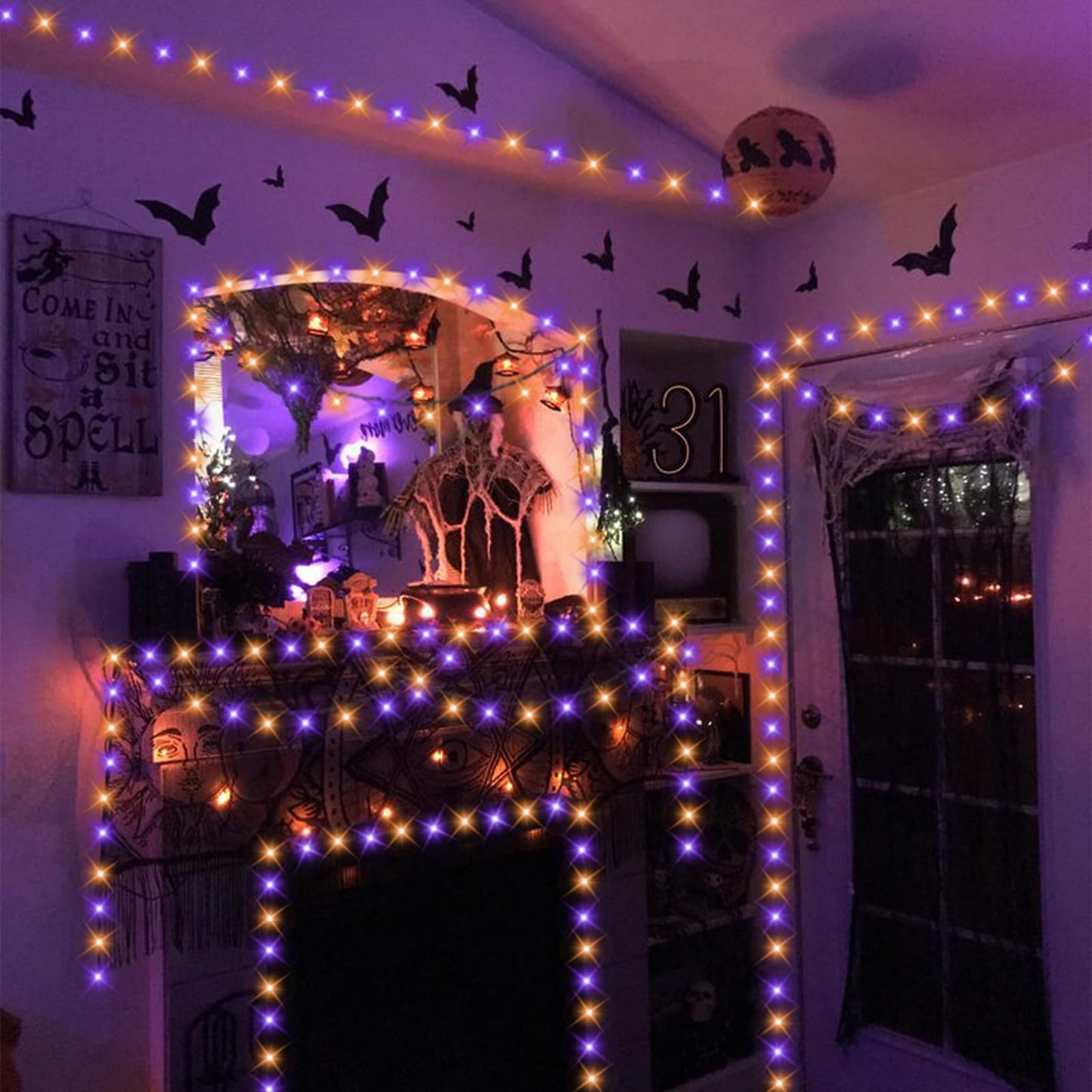 QITONG 165ft 500 LED Orange and Purple Halloween Lights Outdoor Waterproof, String Lights for Outside with 8 Modes, Green Wire Twinkle Lights Plug in Indoor