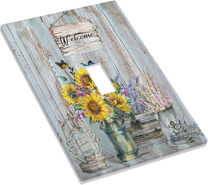Sunflower Vintage Barn Wooden 1 Gang Single Toggle Light Switch Covers Sun floral Decorative Wall Plate Switchplate Electrical Faceplate Farmhouse Home Livingroom Decor