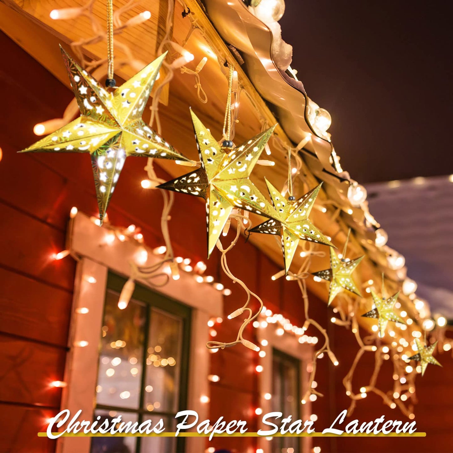 Zhanmai 10 Pcs Large 3D Gold Paper Star Lantern with 10 LED Lights 11.8 Inch 5 Point Hollow Hanging Paper Star Lampshade Decoration Light Lanterns for Wedding Birthday New Year Party Home Decor