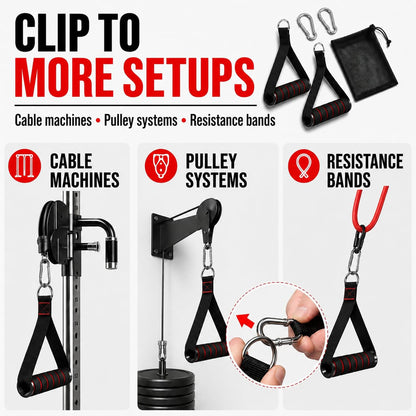 Cable Machine Handles 2 Pack, Foam Grip Exercise Handles with Carabiners and Mesh Bag for Lat Pulldown, Cable Rows, Tricep Pushdown, Resistance Bands and Home Gym Workouts