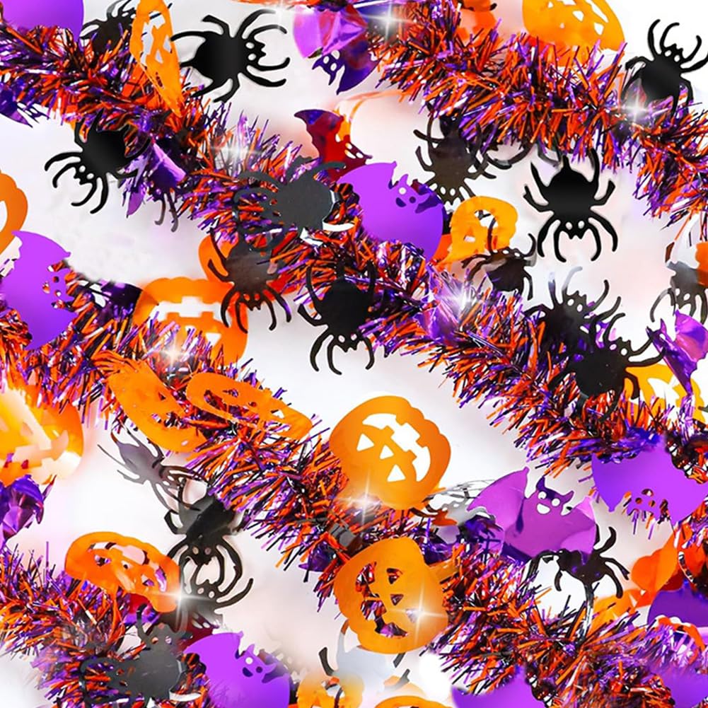 33 Ft Halloween Tinsel Garland with Orange Pumpkin Black Spider Purple Bat Glitter Fall Tinsel Garland Halloween Tree Ornaments for Home Indoor Outdoor Party Decorations