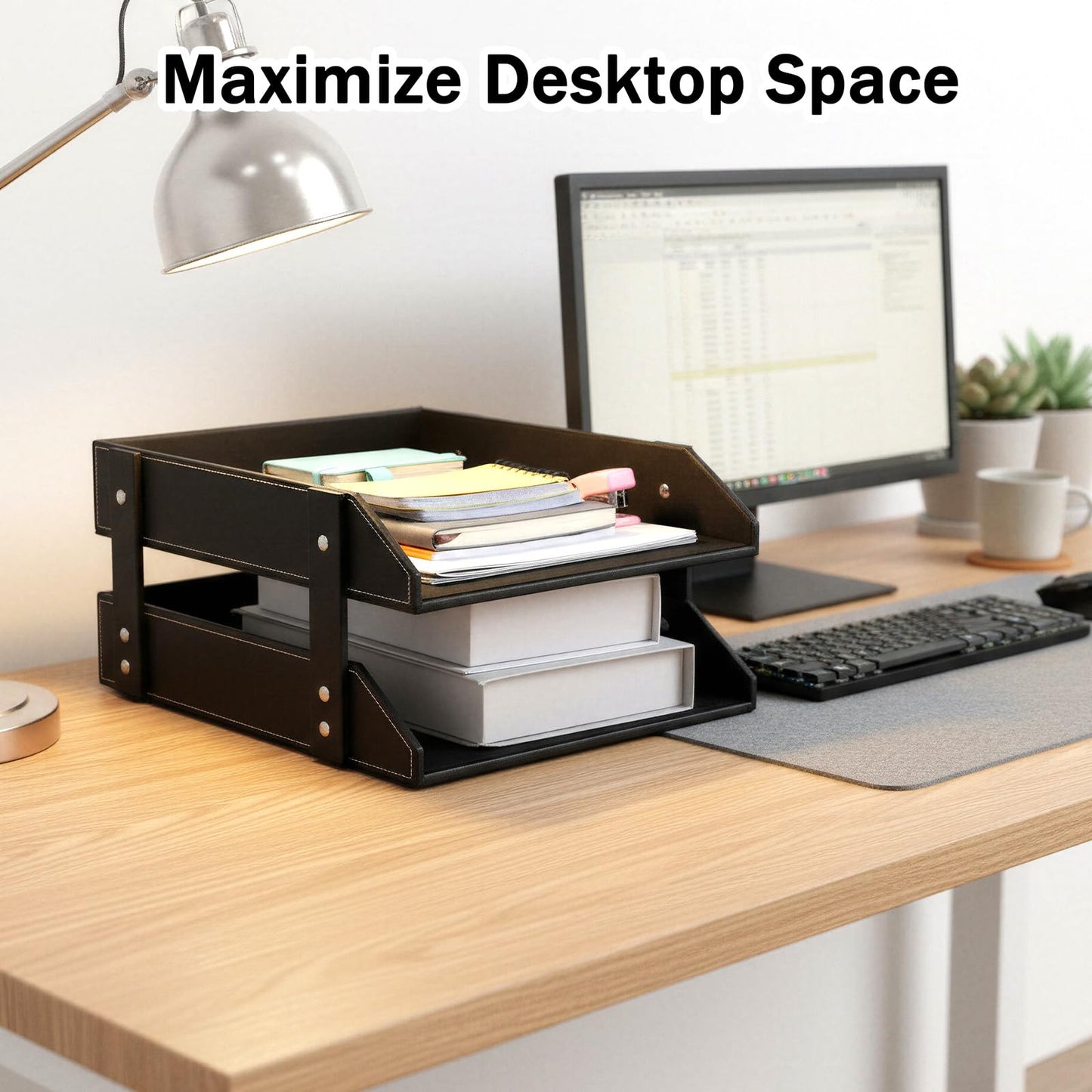 2-Tier Stackable Leather Desk Organizer, Letter Tray Holder for File, A4 Paper, Magazine & Stationery, Desktop Storage Box for Office & Home (Black)