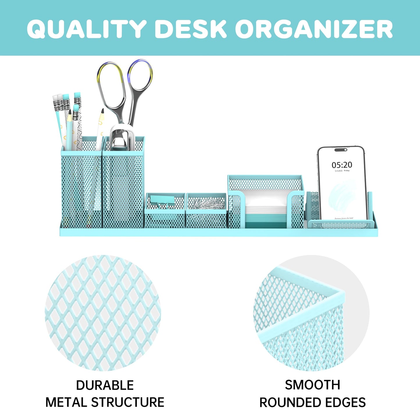 SUPEASY Pen Holder for Desk, 6 Piece Mesh Desk Organizer set for Office Organization with Mail Organizer, Letter Phone Holder, Sticky Notes Caddy Storage, Blue
