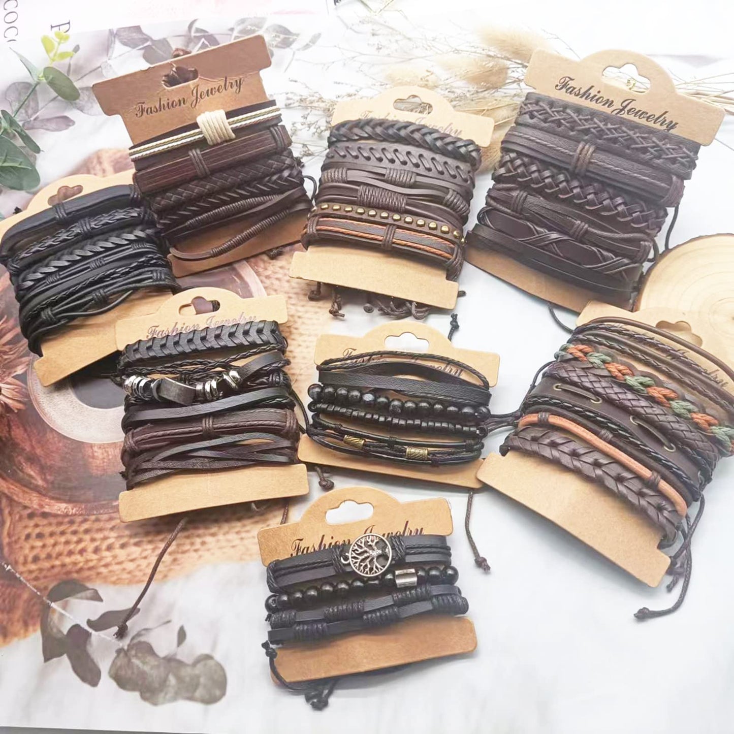 SONNYX 44 Pcs Braided Leather Bracelets for Men Women Woven Cuff Wrap Bracelets Hemp Cords Wood Beads Ethnic Tribal Bracelets Adjustable Leather Wristbands